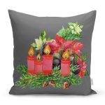 Gri Zemin Çam Yapraklı Mum Tasarımlı Dijital Baskılı Dekoratif Yastık Kırlent Kılıfı Realhomes