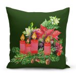 Yeşil Zemin Çam Yapraklı Mum Tasarımlı Dijital Baskılı Modern Yastık Kırlent Kılıfı Realhomes