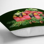 Yeşil Zemin Çam Yapraklı Mum Tasarımlı Dijital Baskılı Modern Yastık Kırlent Kılıfı Realhomes