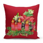 Bordo Zemin Çam Yapraklı Mum Tasarımlı Dijital Baskılı Dekoratif Yastık Kırlent Kılıfı Realhomes