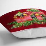 Bordo Zemin Çam Yapraklı Mum Tasarımlı Dijital Baskılı Dekoratif Yastık Kırlent Kılıfı Realhomes