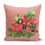 Pembe Zemin Çam Yapraklı Mum Tasarımlı Dijital Baskılı Modern Yastık Kırlent Kılıfı Realhomes