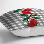 Gri Ekose Zemin & Kırmızı Kuş Tasarımlı  Dijital Baskılı Dekoratif Yastık Kırlent Kılıfı Realhomes