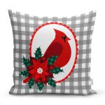 - Rh-K10205-Gorsel1 - Realhomes  Gri Ekose Zemin & Kırmızı Kuş Tasarımlı  Dijital Baskılı Modern Yastık Kırlent Kılıfı Realhomes