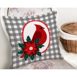 - Rh-K10205-Gorsel2 - Realhomes  Gri Ekose Zemin & Kırmızı Kuş Tasarımlı  Dijital Baskılı Modern Yastık Kırlent Kılıfı Realhomes