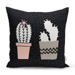 Siyah Kumlama Zemin Kaktüs Tasarımlı Dijital Baskılı Modern Yastık Kırlent Kılıfı Realhomes