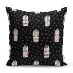 - Rh-K10232-Gorsel1 - Realhomes Siyah Puantiye Zeminli Kaktüs Motifli Dijital Baskılı Dekoratif Yastık Kırlent Kılıfı Realhomes