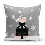 Gri Kar Taneli Zemin Hediye Paketleri Desenli Dijital Baskılı Dekoratif Yastık Kırlent Kılıfı Realhomes