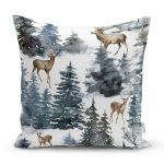 - Rh-K10347-Gorsel1 - Realhomes Suluboya Çam Ağacı & Geyik Tasarımlı Dijital Baskılı Modern Yastık Kırlent Kılıfı Realhomes