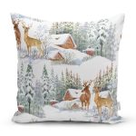 Kış Temalı Bağ Evi & Geyik Tasarımlı Dijital Baskılı Modern Yastık Kırlent Kılıfı Realhomes