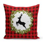 - Rh-K10372-Gorsel1 - Realhomes Ekose Zemin Çelenkli Geyik Motifli Dijital Baskılı Dekoratif Yastık Kırlent Kılıfı Realhomes