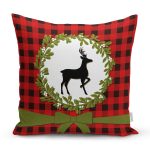 - Rh-K10375-Gorsel1 - Realhomes  Ekose Zemin Çelenkli Geyik Motifli Dijital Baskılı Modern Yastık Kırlent Kılıfı Realhomes