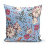 Mavi Zemin Papatya & Gül Tasarımlı Dijital Baskılı Modern Yastık Kırlent Kılıfı Realhomes