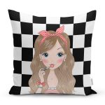 - Rh-K9294-Gorsel1 - Realhomes Dama Zeminli Fuchion Girl Tasarımlı Dijital Baskılı Modern Yastık Kırlent Kılıfı Realhomes