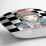 Dama Zeminli Kahve İçen Kız Motifli  Dijital Baskılı Dekoratif Yastık Kırlent Kılıfı Realhomes