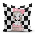 - Rh-K9300-Gorsel1 - Realhomes  Dama Zeminli Kitap Okuyan Kız Tasarımlı  Dijital Baskılı Modern Yastık Kırlent Kılıfı Realhomes