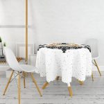 - MasaYuv-10010-Gorsel2 - Realhomes  Siyah Beyaz Geyikli Mery Christmas Motifli Dijital Baskılı Modern Yuvarlak Masa Örtüsü - Çap 140cm Realhomes