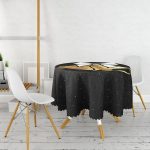 Siyah Zemin Sarı Çan Desenli Dijital Baskılı Modern Yuvarlak Masa Örtüsü - Çap 140cm Realhomes