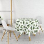 - MasaYuv-10040-Gorsel2 - Realhomes  Yeşil Tropik Yapraklar Tasarımlı Dijital Baskılı Modern Yuvarlak Masa Örtüsü - Çap 140cm Realhomes