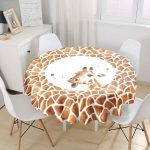 - MasaYuv-10201-Gorsel1 - Realhomes  Beyaz Zemin Zürafa Desenli Dijital Baskılı Modern Yuvarlak Masa Örtüsü - Çap 140cm Realhomes