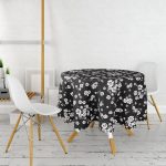 - MasaYuv-2041-Gorsel2 - Realhomes  Siyah Zeminde Beyaz Çiçekler Dijital Baskılı Yuvarlak Masa Örtüsü - Çap 140cm Realhomes