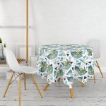 - MasaYuv-2441-Gorsel2 - Realhomes  Mavi Geometrik Palmiye Desenleri Yuvarlak Masa Örtüsü - Çap 140cm Realhomes