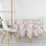 - MasaYuv-2480-Gorsel2 - Realhomes  Gri Çizgi Desenli Kavaniçe Çiçek Motifli Yuvarlak Masa Örtüsü - Çap 140cm Realhomes