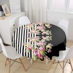 Siyah Beyaz Sümbül Motifli Yuvarlak Masa Örtüsü - Çap 140cm Realhomes