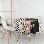 Siyah Beyaz Sümbül Motifli Yuvarlak Masa Örtüsü - Çap 140cm Realhomes