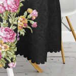 Siyah Beyaz Sümbül Motifli Yuvarlak Masa Örtüsü - Çap 140cm Realhomes