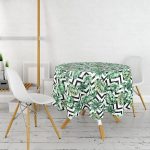 Zigzag Siyah Beyaz Şerit Temalı Yaprak Çizimi Yuvarlak Masa Örtüsü - Çap 140cm Realhomes