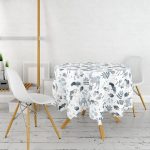 Beyaz Zeminli Geyik ve Yaprak Motifleri Dijital Baskılı Yuvarlak Masa Örtüsü - Çap 140cm Realhomes