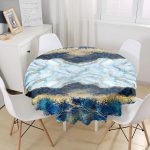 - MasaYuv-3126-Gorsel1 - Realhomes Altın Varaklı Mavi Zeminli Modern Yuvarlak Masa Örtüsü - Çap 140cm Realhomes