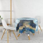 - MasaYuv-3126-Gorsel2 - Realhomes Altın Varaklı Mavi Zeminli Modern Yuvarlak Masa Örtüsü - Çap 140cm Realhomes