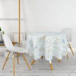 - MasaYuv-3131-Gorsel2 - Realhomes  Altın Çizgili Mavi Zeminli Dijital Baskılı Yuvarlak Masa Örtüsü - Çap 140cm Realhomes