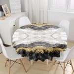 - MasaYuv-3132-Gorsel1 - Realhomes  Siyah Beyaz Altın Mermer Motifli Dijital Baskılı Yuvarlak Masa Örtüsü - Çap 140cm Realhomes