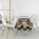 - MasaYuv-3132-Gorsel2 - Realhomes  Siyah Beyaz Altın Mermer Motifli Dijital Baskılı Yuvarlak Masa Örtüsü - Çap 140cm Realhomes