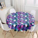 - MasaYuv-3158-Gorsel1 - Realhomes Lacivert Tropikal Desenli Dijital Baskılı Yuvarlak Masa Örtüsü - Çap 140cm Realhomes