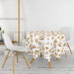 - MasaYuv-3163-Gorsel2 - Realhomes Beyaz Zeminde Altın Yapraklar Desenli Dijital Baskılı Yuvarlak Masa Örtüsü - Çap 140cm Realhomes