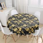 - MasaYuv-3169-Gorsel1 - Realhomes  Siyah Zeminde Altın Yapraklar Desenli Yuvarlak Masa Örtüsü - Çap 140cm Realhomes