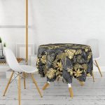 - MasaYuv-3169-Gorsel2 - Realhomes  Siyah Zeminde Altın Yapraklar Desenli Yuvarlak Masa Örtüsü - Çap 140cm Realhomes