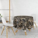 Siyah Zeminde Altın Renkli Yapraklar Desenli Yuvarlak Masa Örtüsü - Çap 140cm Realhomes