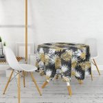 - MasaYuv-3233-Gorsel2 - Realhomes  Siyah Zeminde Palmiye Yaprakları Özel Tasarım Yuvarlak Masa Örtüsü - Çap 140cm Realhomes