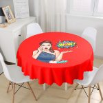 - MasaYuv-3281-Gorsel1 - Realhomes Kırmızı Zeminli Popart Wow Desenli Modern Yuvarlak Masa Örtüsü - Çap 140cm Realhomes