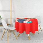 - MasaYuv-3281-Gorsel2 - Realhomes Kırmızı Zeminli Popart Wow Desenli Modern Yuvarlak Masa Örtüsü - Çap 140cm Realhomes