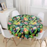 - MasaYuv-3362-Gorsel1 - Realhomes Siyah Zeminli Geometrik Yapraklar Desenli Yuvarlak Masa Örtüsü - Çap 140cm Realhomes