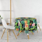 - MasaYuv-3362-Gorsel2 - Realhomes Siyah Zeminli Geometrik Yapraklar Desenli Yuvarlak Masa Örtüsü - Çap 140cm Realhomes