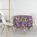 - MasaYuv-3365-Gorsel2 - Realhomes  Mavi Zeminli Geometrik Çiçekler Modern Tasarımlı Yuvarlak Masa Örtüsü - Çap 140cm Realhomes