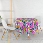 Mavi Geometrik Zeminli Çiçekler Modern Tasarım Yuvarlak Masa Örtüsü - Çap 140cm Realhomes