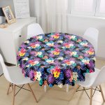- MasaYuv-3372-Gorsel1 - Realhomes  Siyah Zeminde Rengarenk Çiçekler Tasarımlı Yuvarlak Masa Örtüsü - Çap 140cm Realhomes